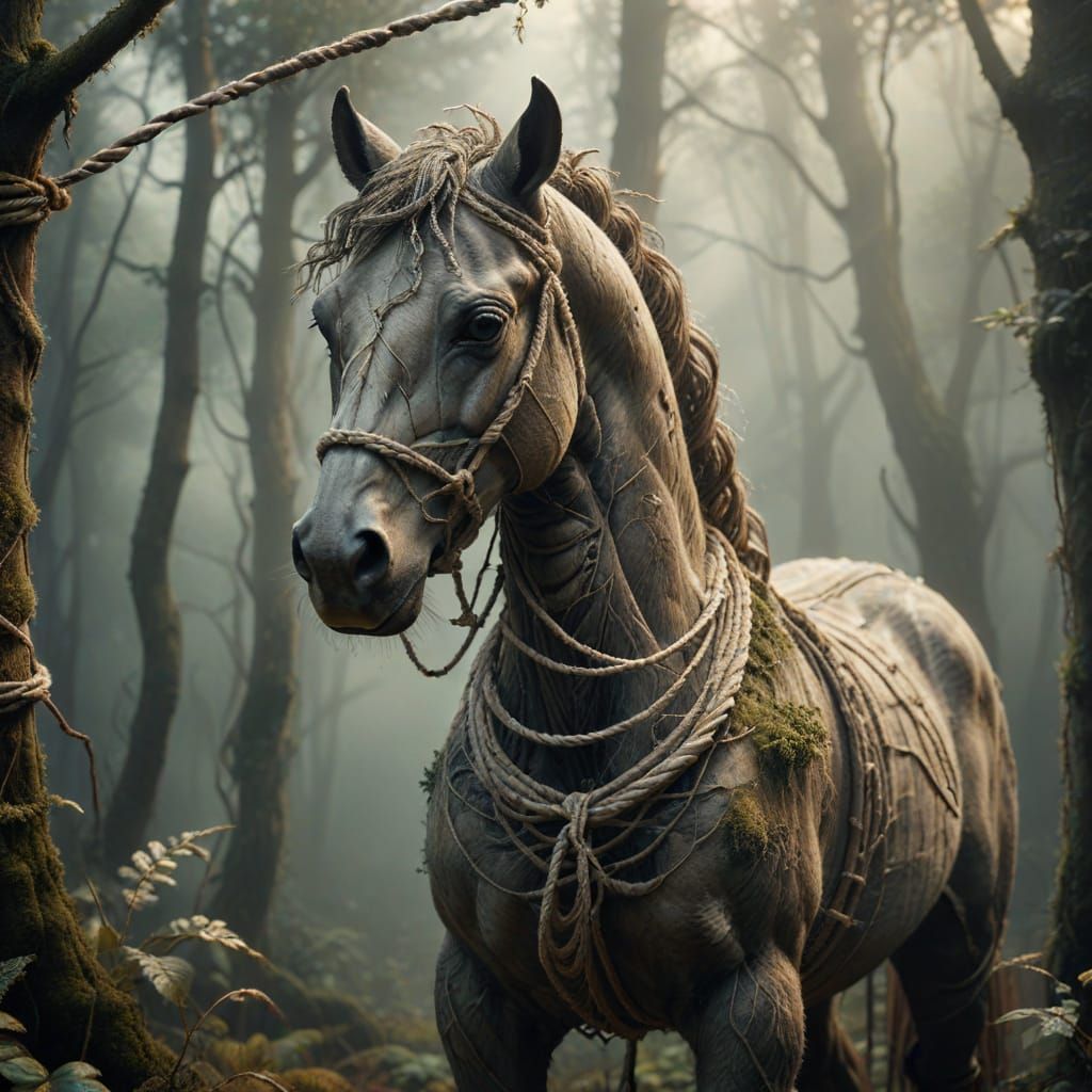Surreal Horse Made of Rope in Mysterious Forest