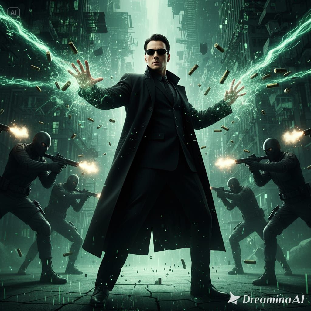 Matrix - Neo they shoot at him - Neo deflects bullets and st...