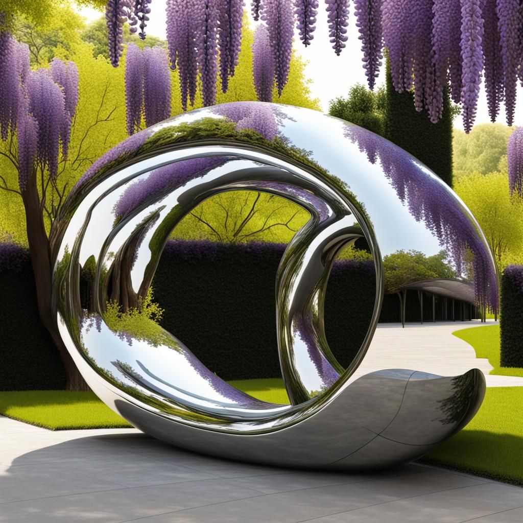 Metallic sculpture and wisteria 2