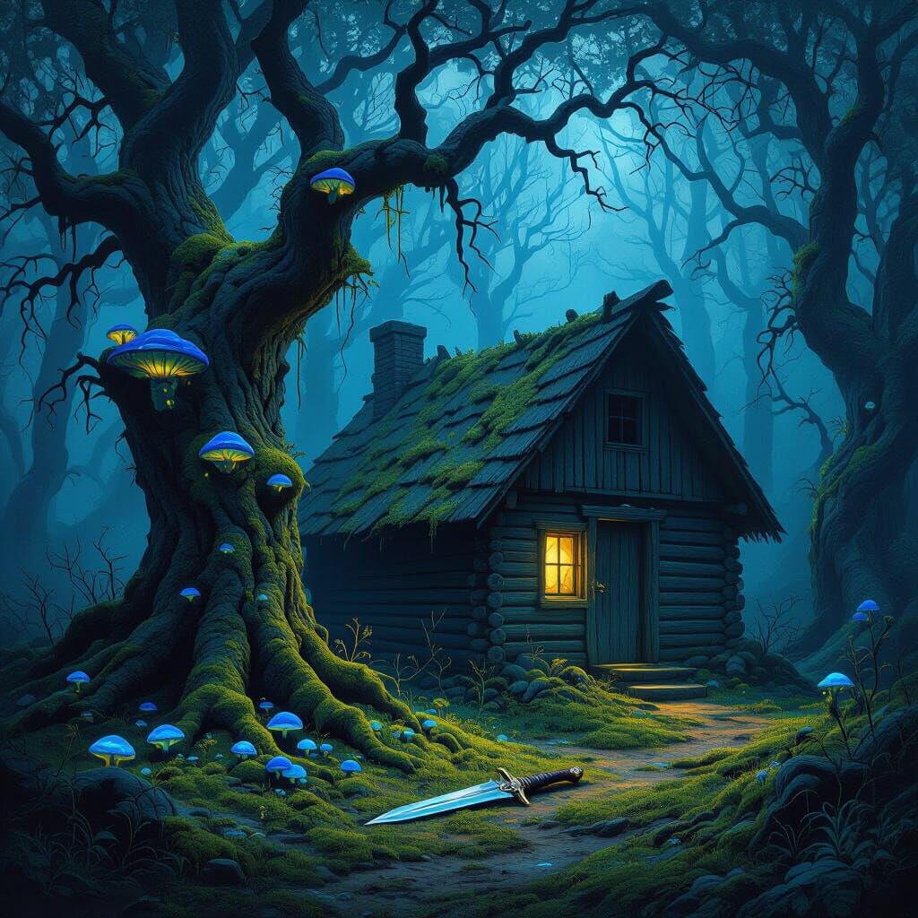 Ethereal Forest Cabin Lit by Bioluminescent Fungi
