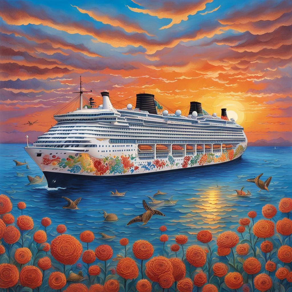 photo of a large cruise ship sailing off into the sunset. sh...