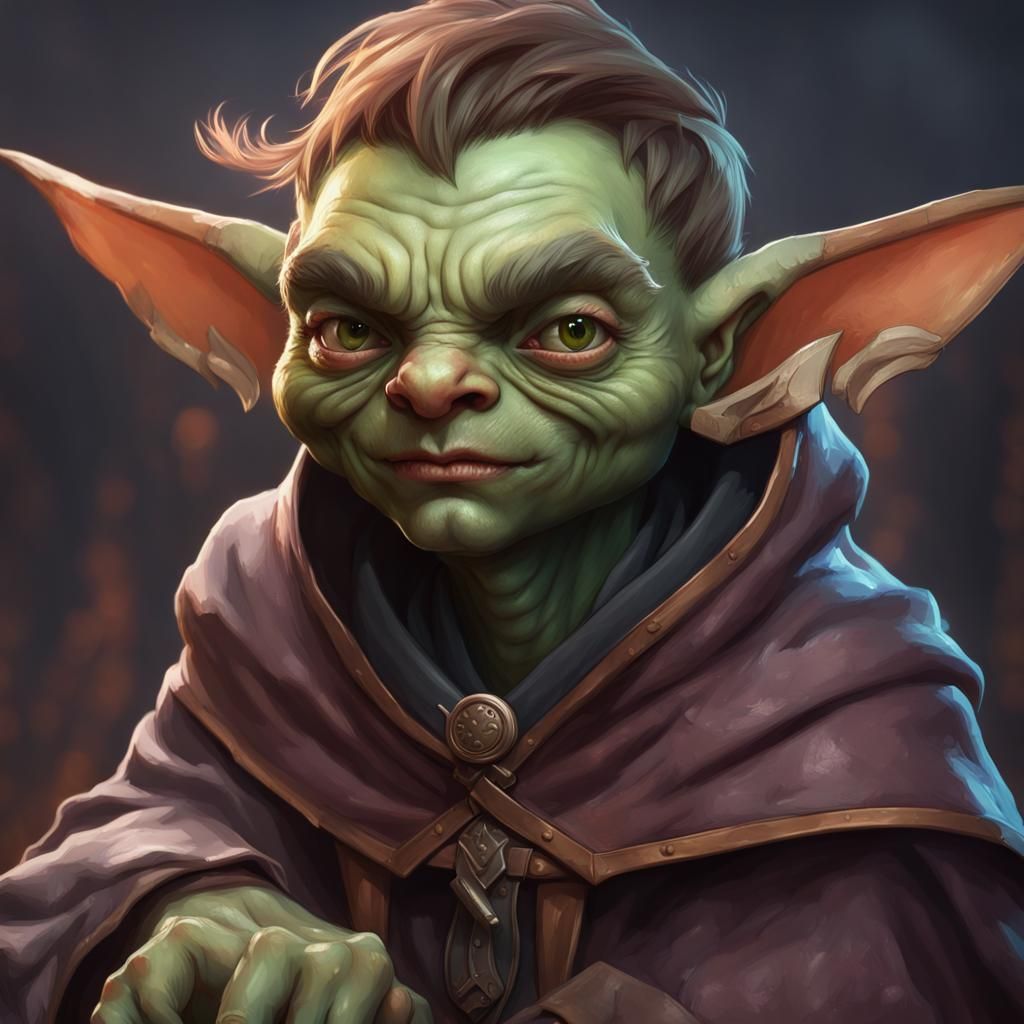20 year old cute goblin with cloak holding a hammer