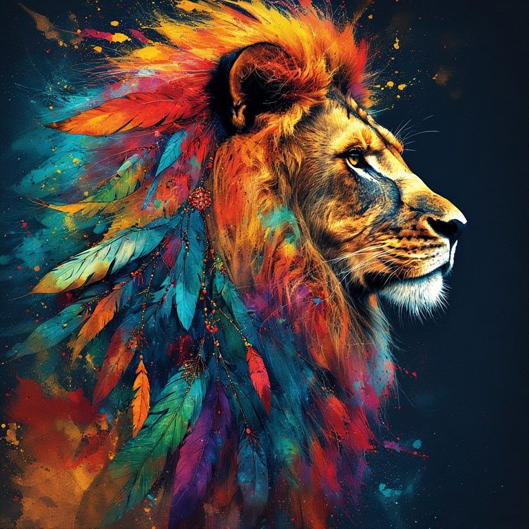 A lion in profile painted in vibrant hues