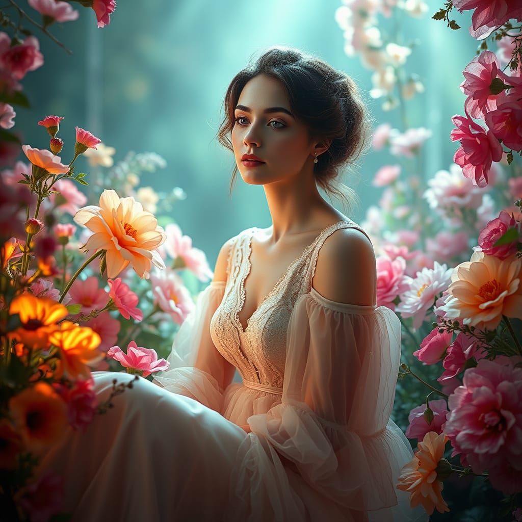 Elegant Woman in Luminous Flower Garden