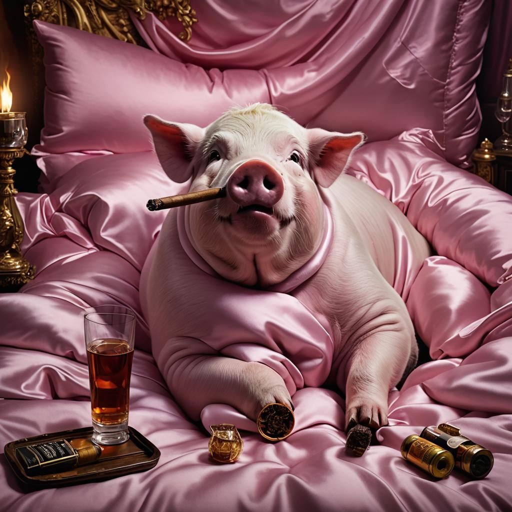 In a soft bed surrounded by satin pillows, a very fat large ...
