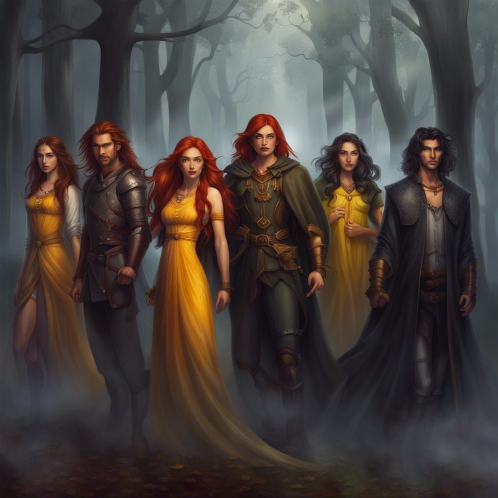 Foggy forest , dark clouds, epic fantasy , seven people, han...