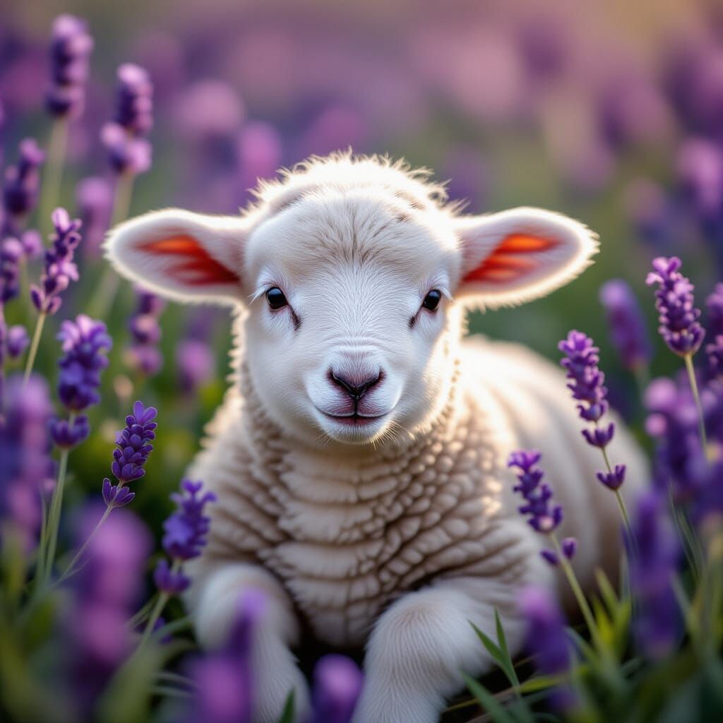 Newborn Lamb Asleep in Lavender Field