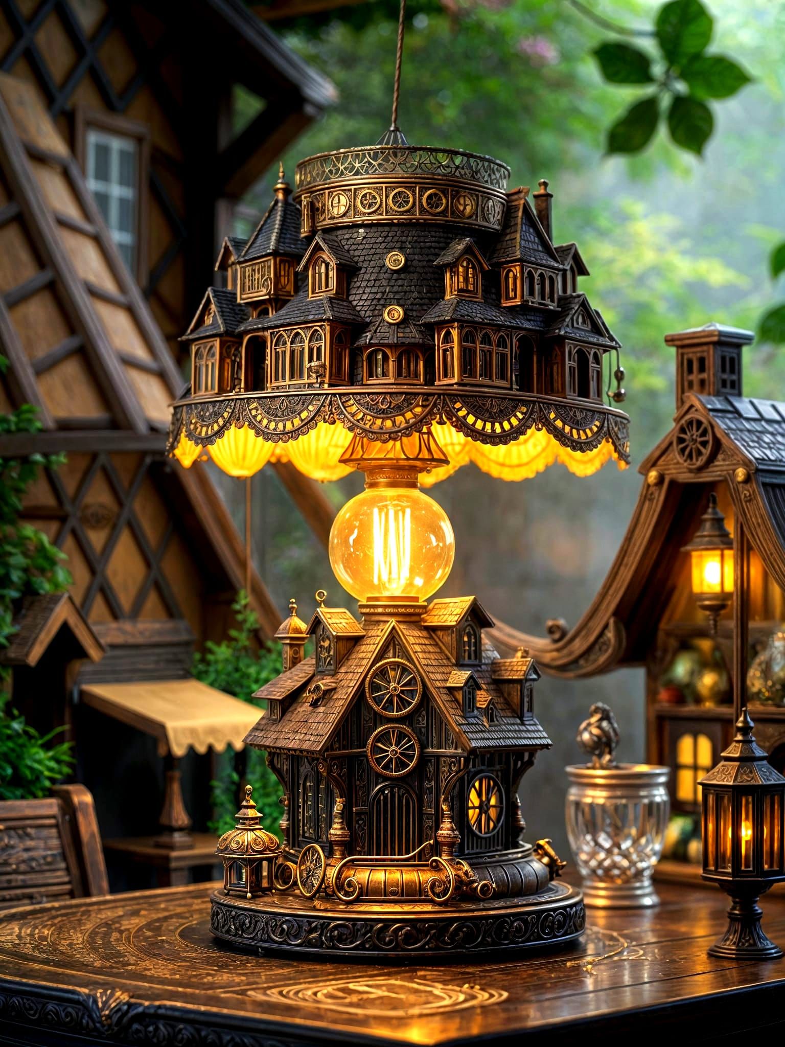 A tabletop lamp with the shade as terrace houses shaped flowing into