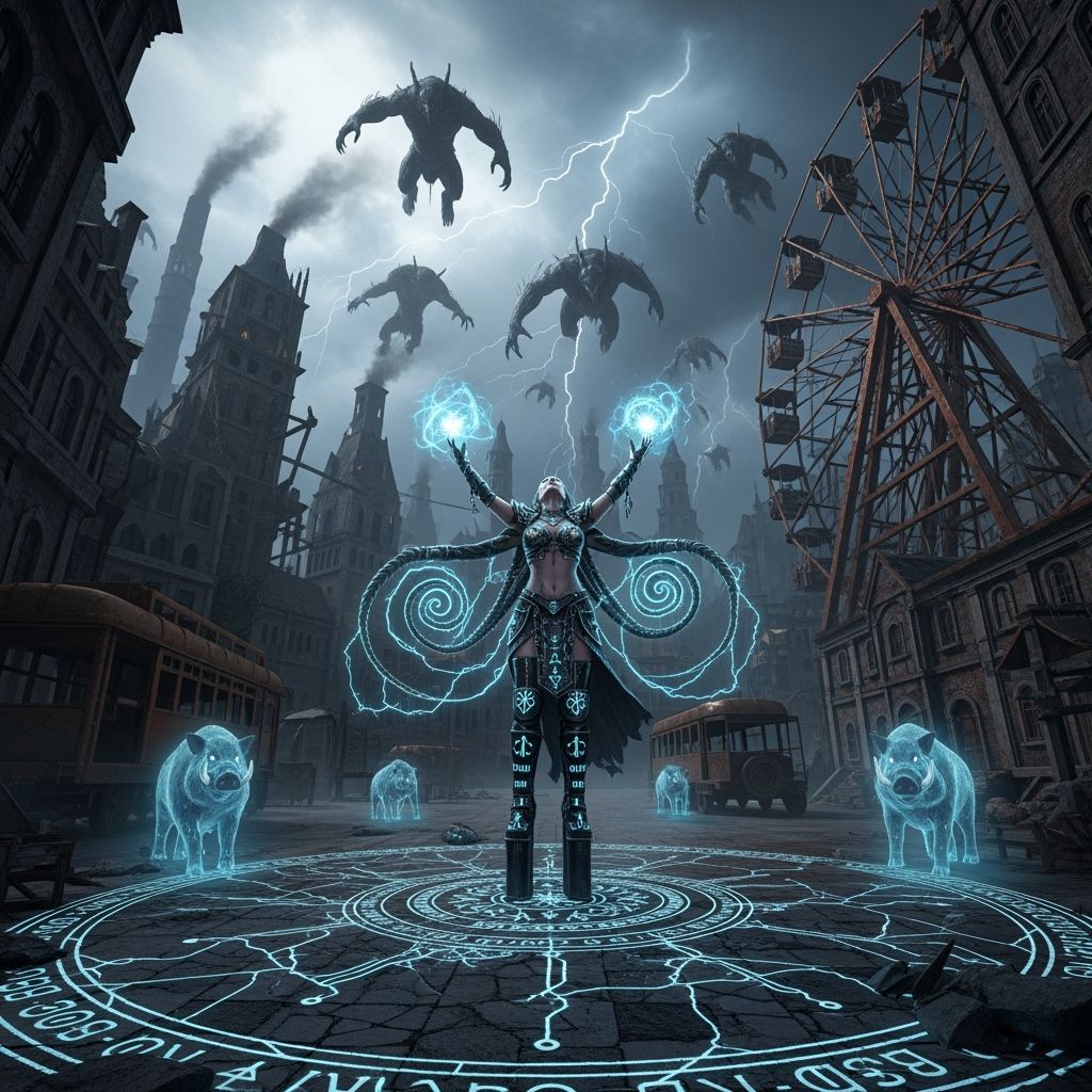 An ultra-wide panoramic view of a central plaza in a forgotten arcano-industrial city, buried deep within a cursed magical zone. The perspec...