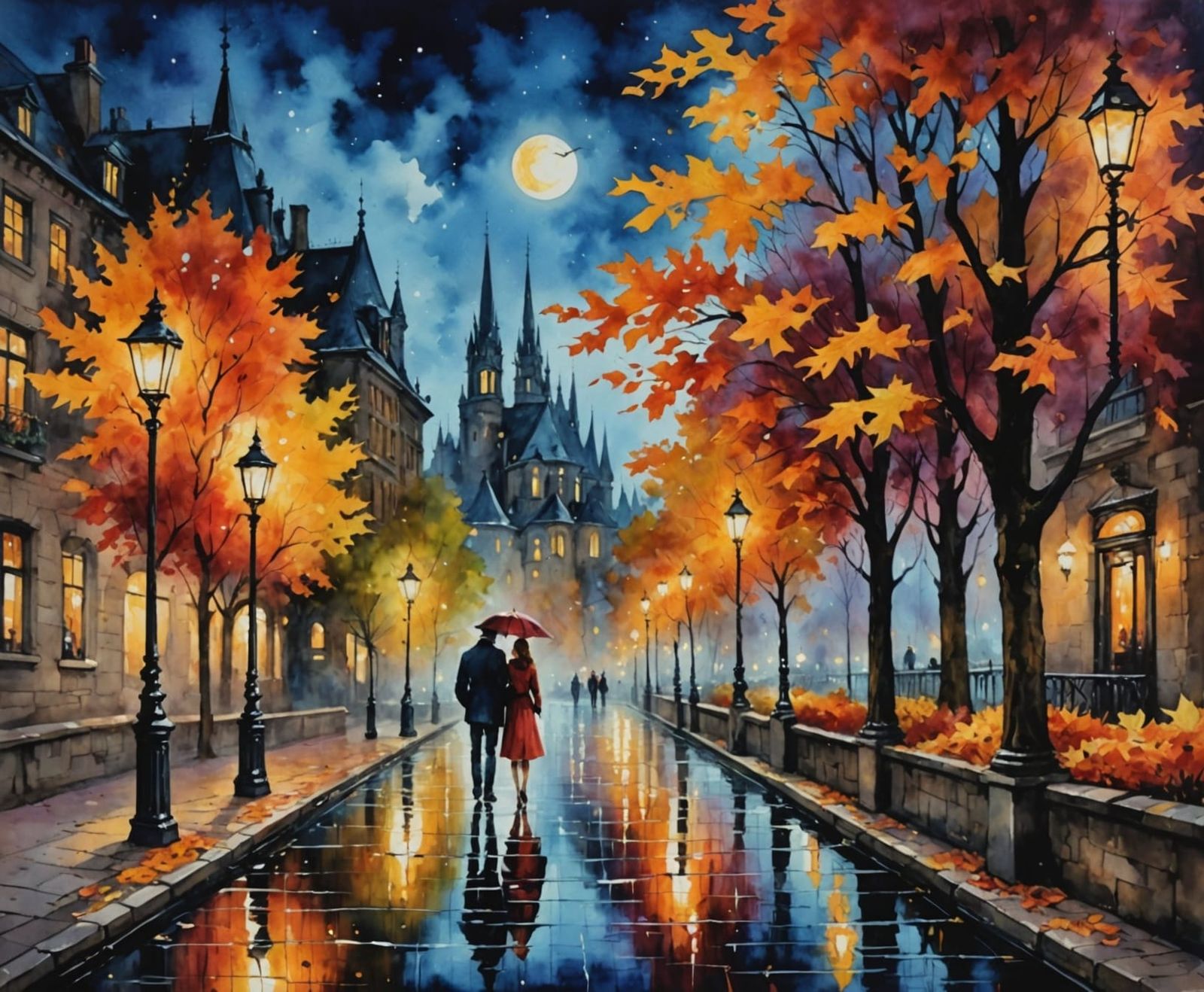 Autumn night date night,  Soft, dreamy oil and watercolor painting , impressionistic brushstrokes, mystical ...  by @AutumnBear