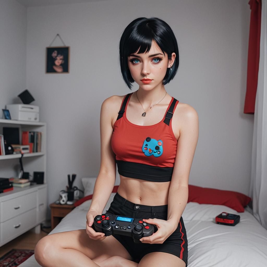 cute e-girl wearing a red crop-top and red micro shorts. She has short black hair and blue eyes. She is in her red bedroom, holding a video...