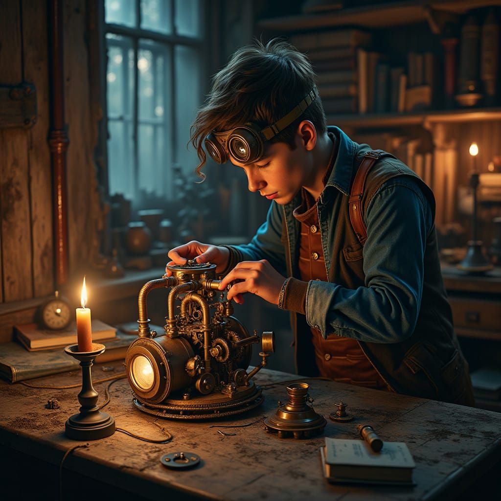 A steampunk kid is repairing an apparatus in an old hut. steampunk engine photorealistic  by @Antonius Eisenklang
