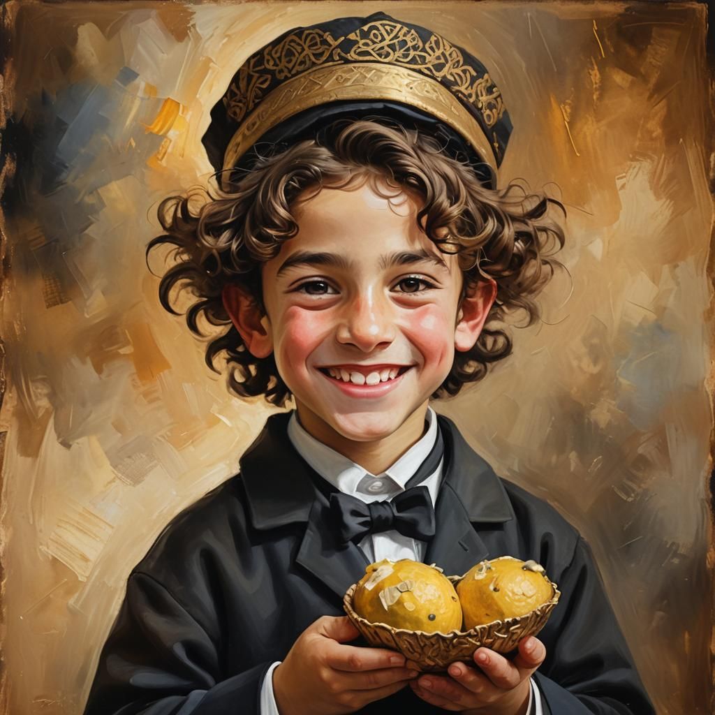 Young Hasidic Jewish Boy with Etrong and Joyful Smile in Tra...