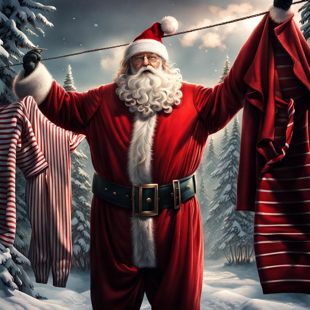 SANTA WARING RED STRIPED LONG JOHN'S TACKING HIS RED SUIT OF...