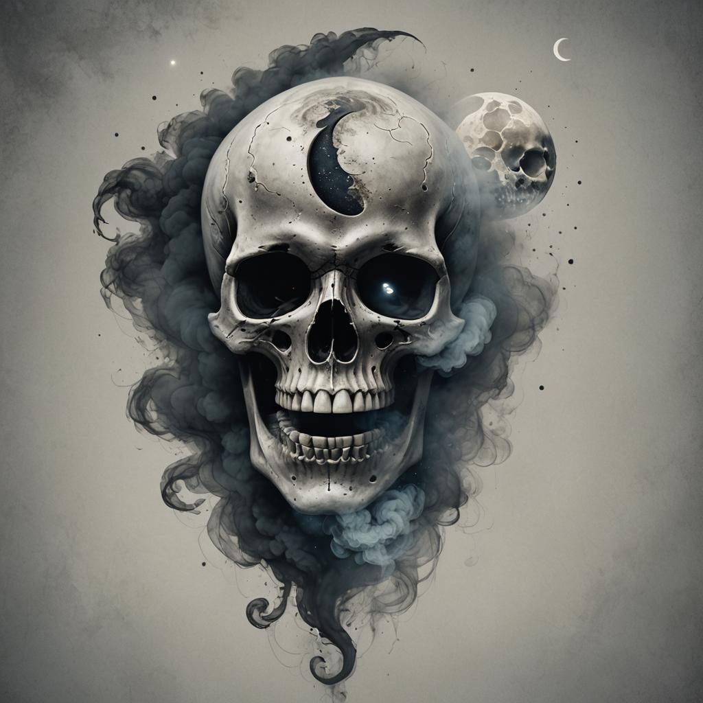 A surreal hyperrealistic crescent moon with skull face with ...