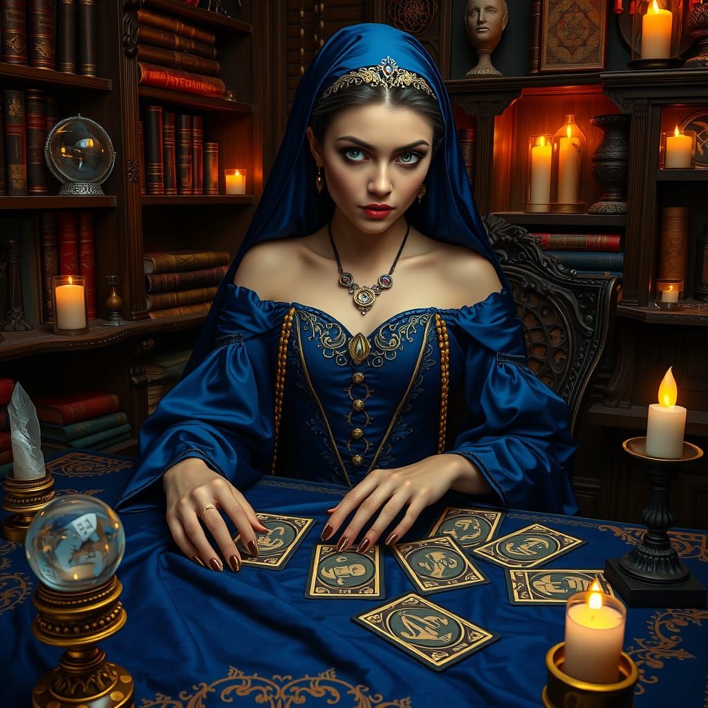 A mystical fantasy fortune teller is seated at a lavish, indigo velvet covered table adorned with intricate, golden filigree in a dimly lit,...