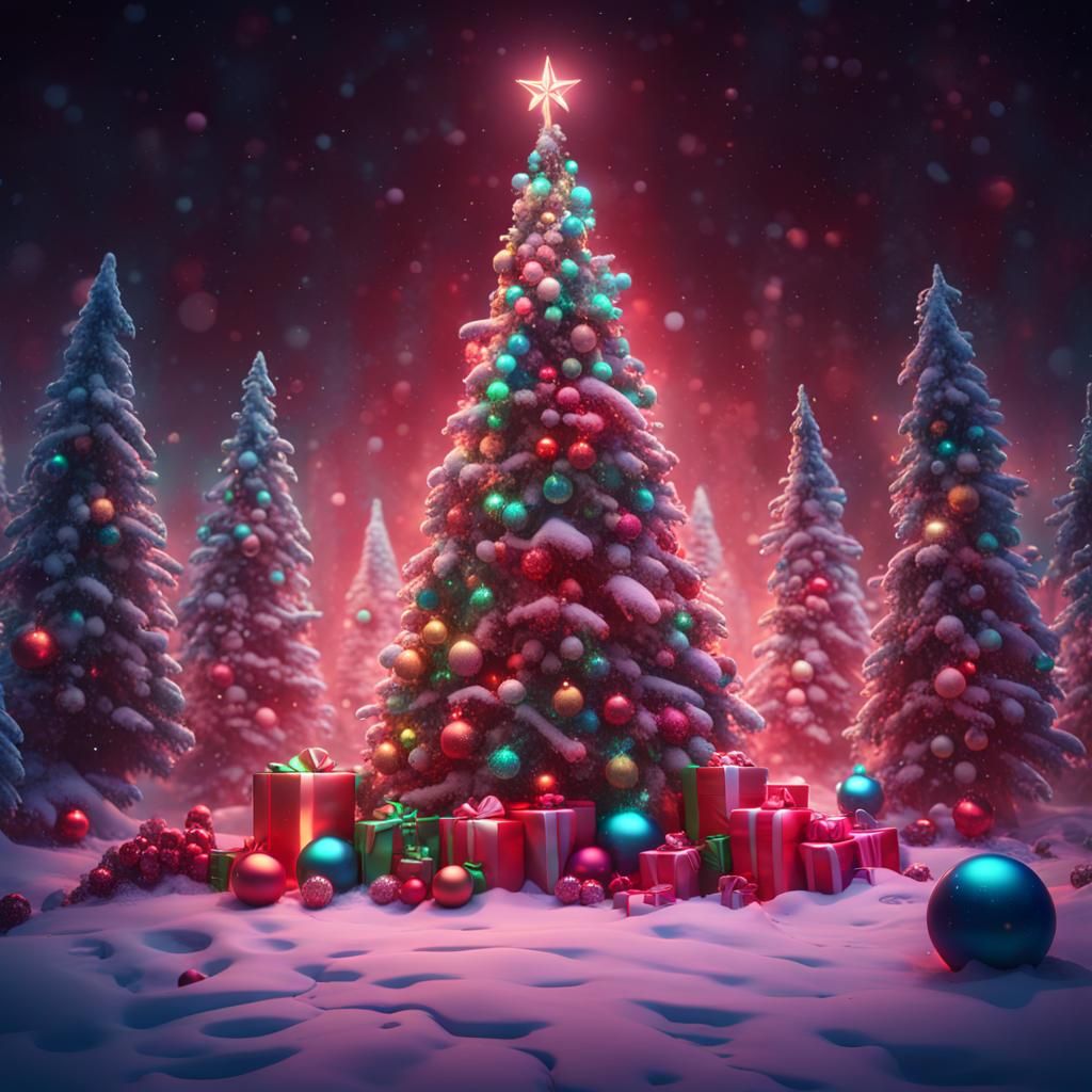 Decorated Christmas Trees with Lots of Presents... AI Generated