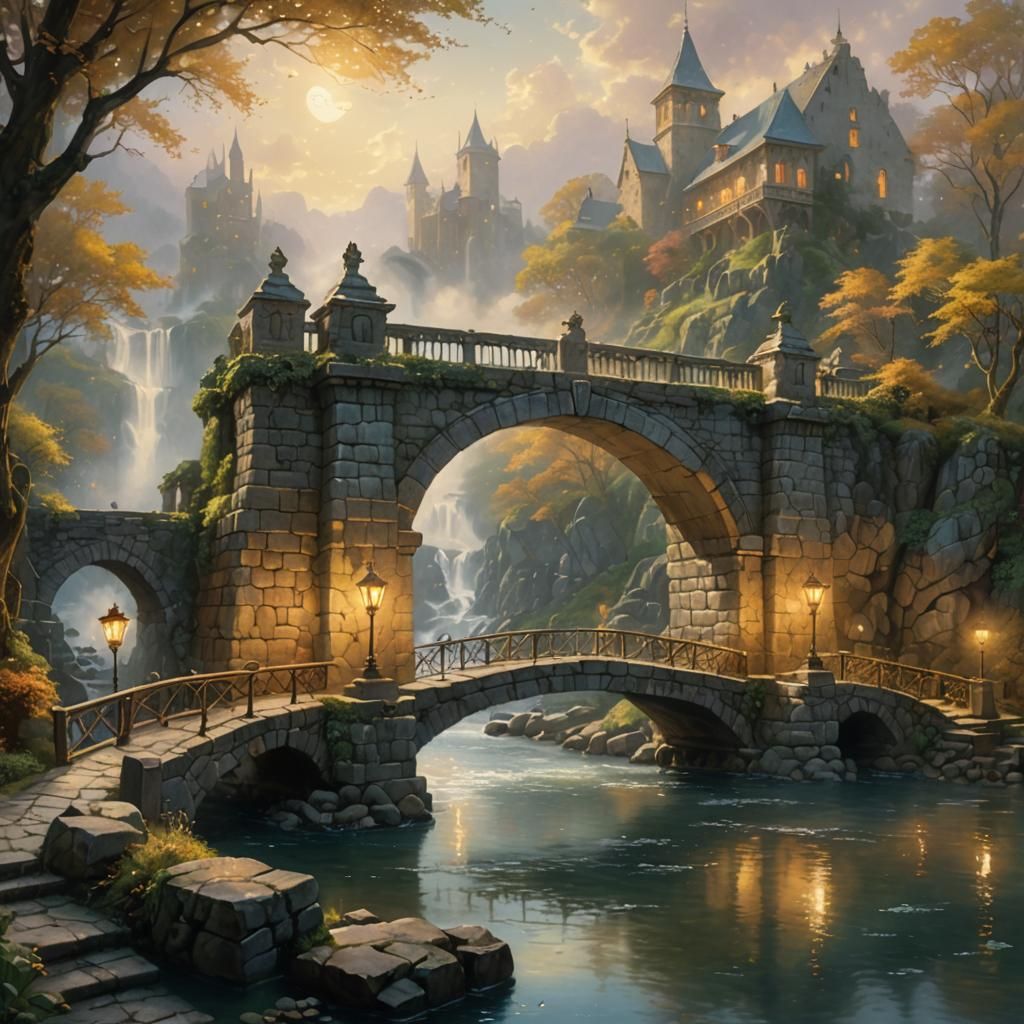 An ancient stone bridge over a river with supports in the shape of titans  by @Alvija