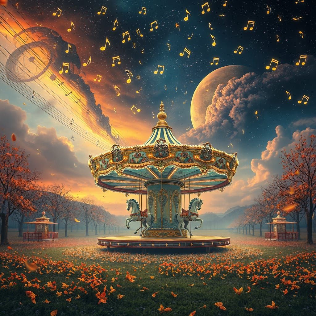 A surreal, dreamlike landscape where musical notes drift like falling leaves. In the center, a spectral carousel spins slowly, its horses fa...