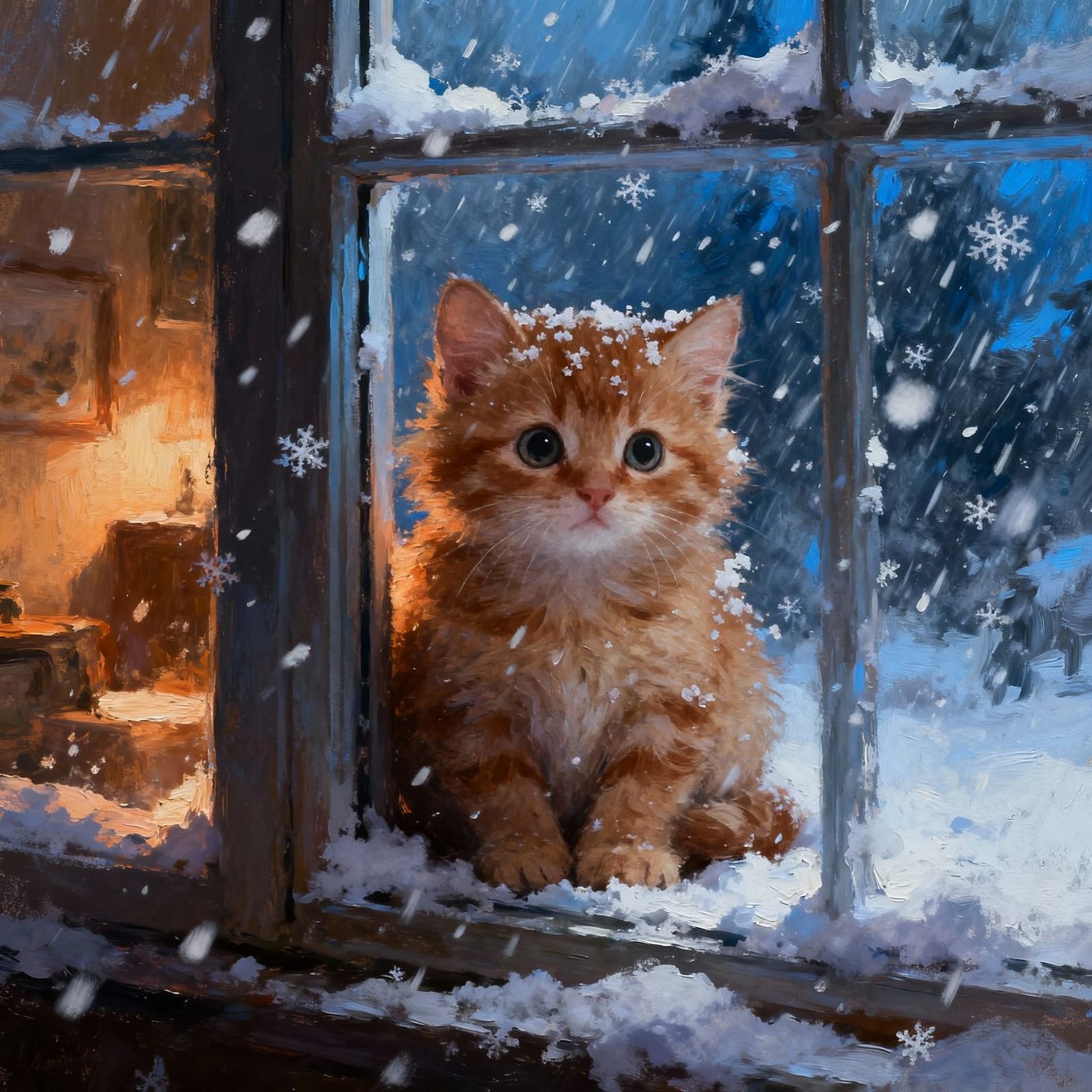 Kitten Huddled in Blizzard, Cozy Interior Scene