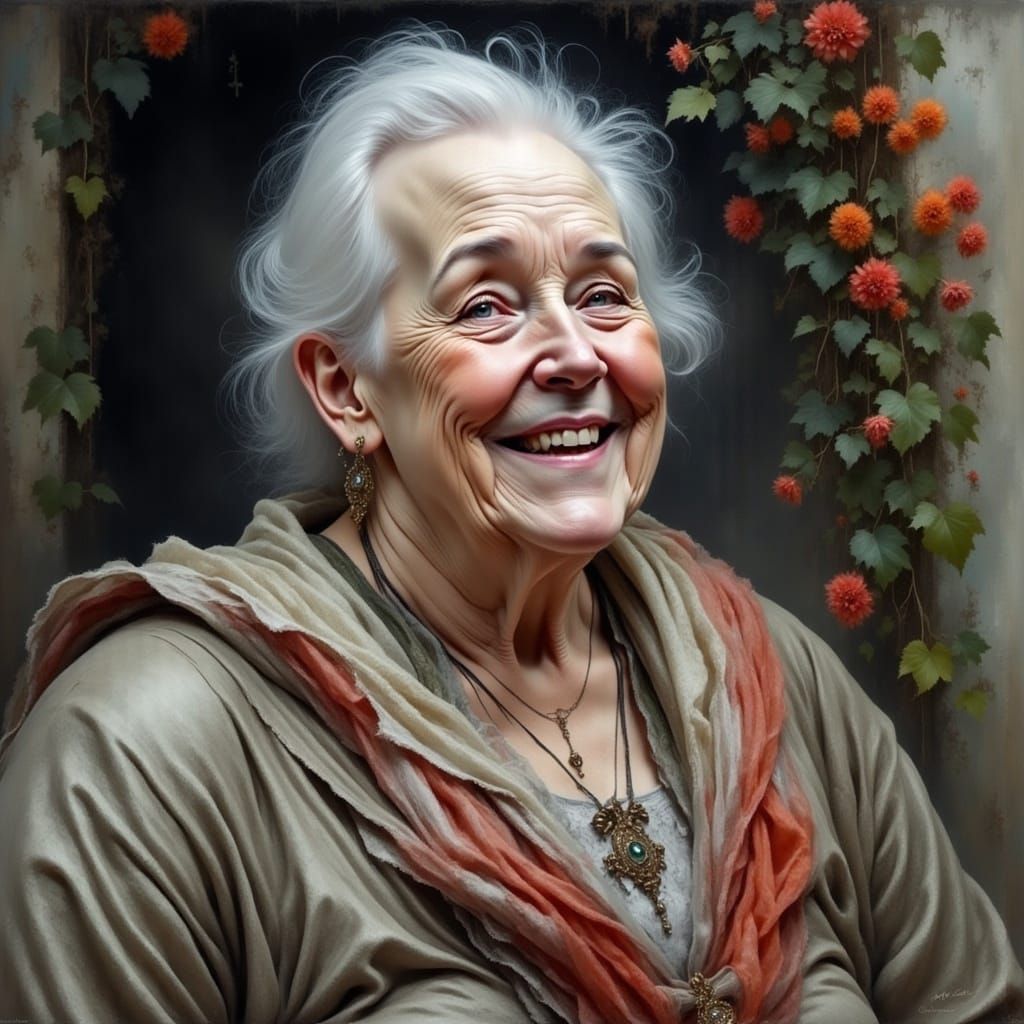 <lora:Represent Intensity:1.0> Realistic chubby old white smiling woman rustic folk fantasy style, matte skin, no gloss on skin, painting st...