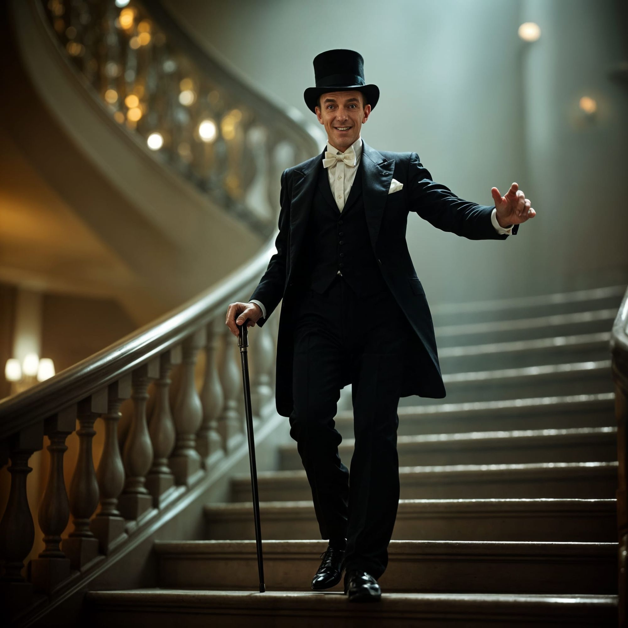 Fred Astaire is tap dancing down winding a stair case 