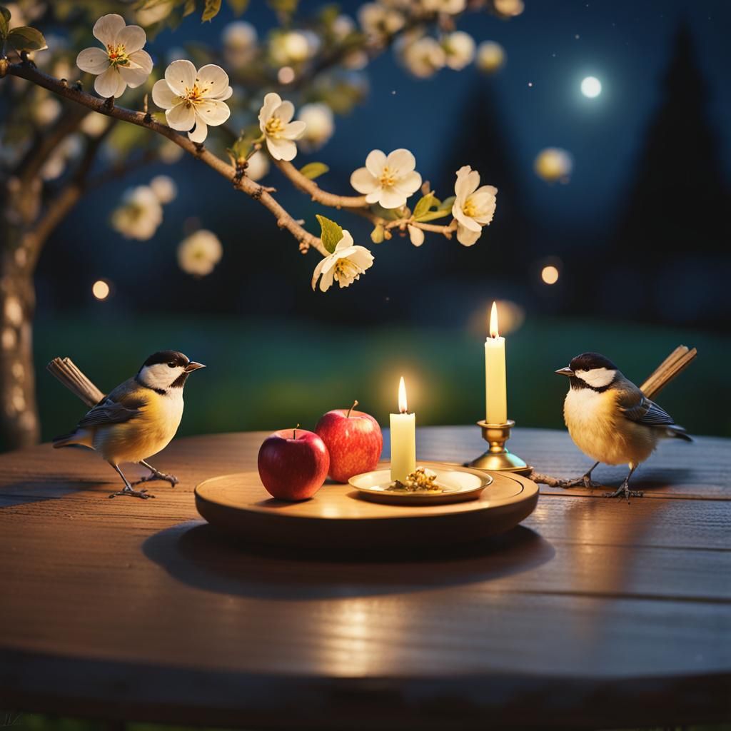 Chickadee bird on a table at night.  Golden candlesticks.  U...