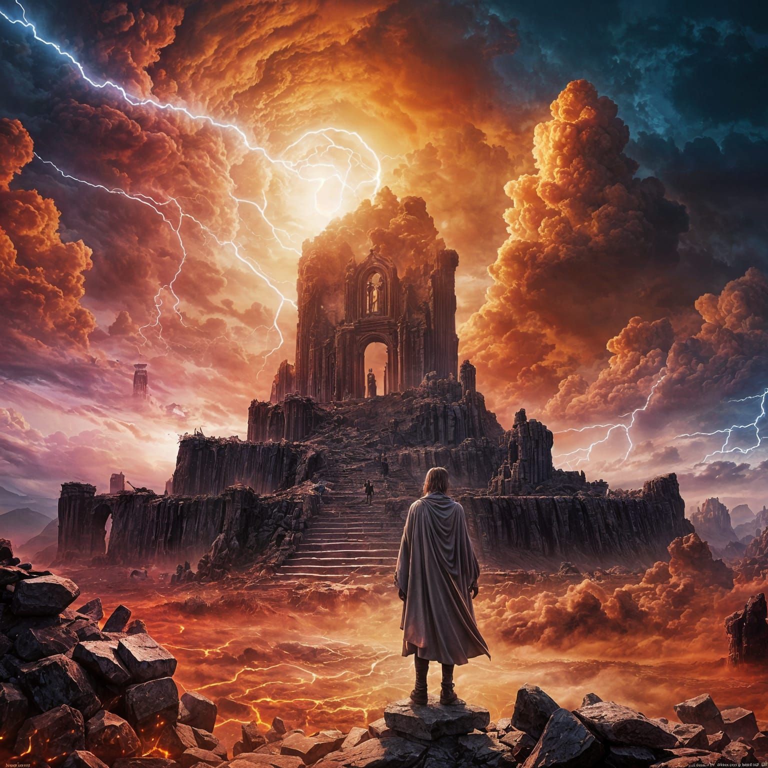 An ominous figure towers over the ruined world like an ancient god in his hour of wrath. His long white ...  by @Schoor