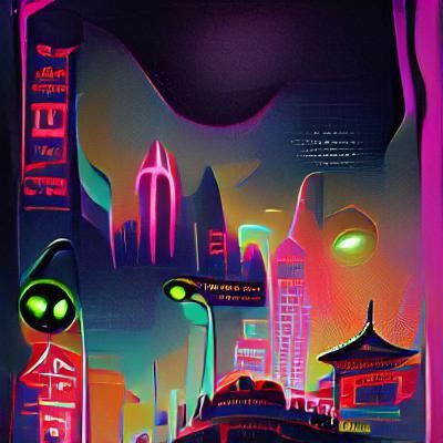 dark neon alien city; Travel Poster