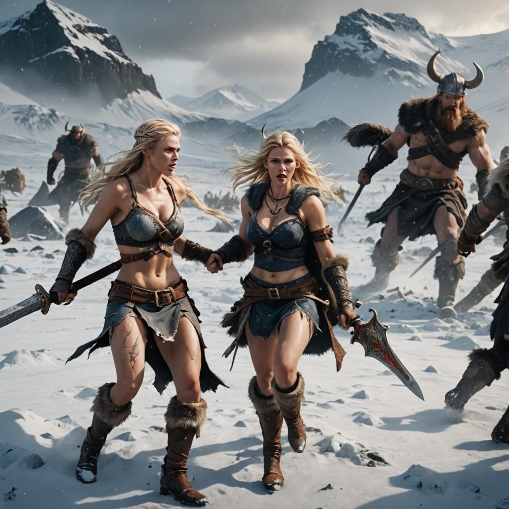 Side view . 2 gorgeous bigtitted female blonde babes are fighting a Viking  warrior in the snow. Icelandic landscape. They are wearing tin... - AI  Generated Artwork - NightCafe Creator