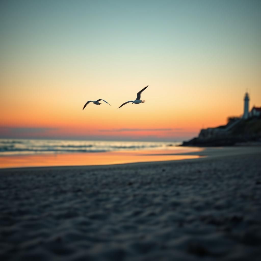 Photo realistic image of a sandy beach at sunset, the sky's soft colors