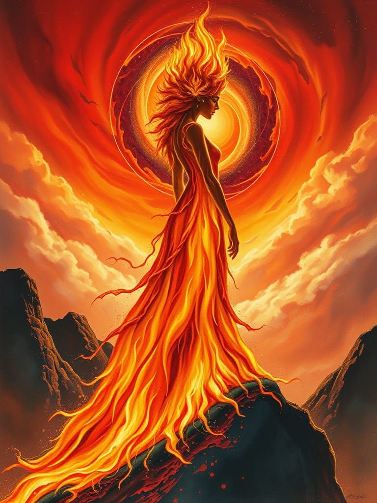 She stands in flame, beneath a sun that remembers. The fire does not consume her—it reflects her becoming.  by @Kelli Benjamin-Limae Creations
