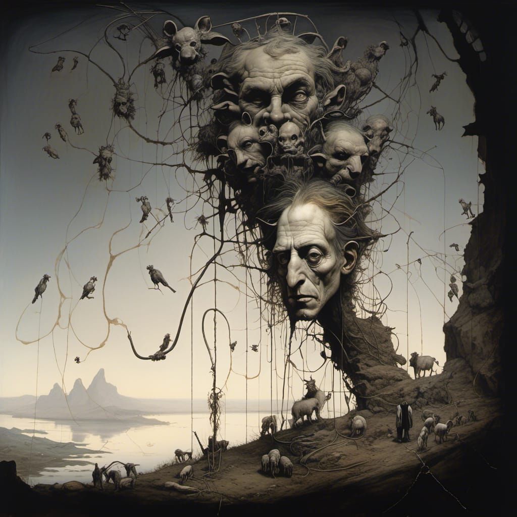 Surreal Landscape with Shepherds and Lions