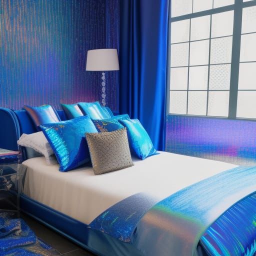 Beautiful bedroom with cobalt blue holographic walls& cobalt blue holographic windows with