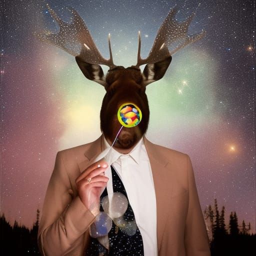 A moose chewing bubble gum and blowing bubbles underneath a ...