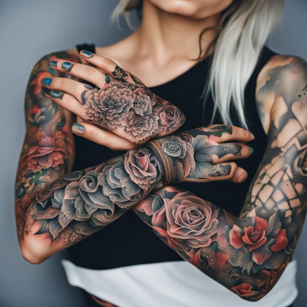 Tattoos on a hand of a beautiful girl