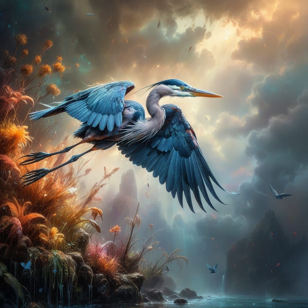 Great Blue Heron in flight