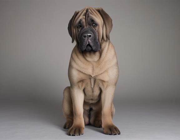 Standing Mastiff with a sleek coat, and happy eyes looking a...