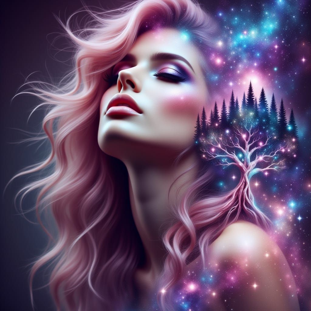 Her hair cascades in waves <lora:SparklePortraits:1.0> surrealist. a beautiful woman. pink and blonde purple hair Beautiful woman and Captiv...
