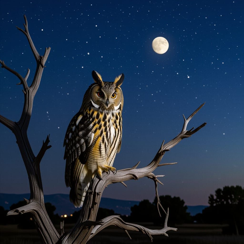 Owl Perched on a Tree at Night
