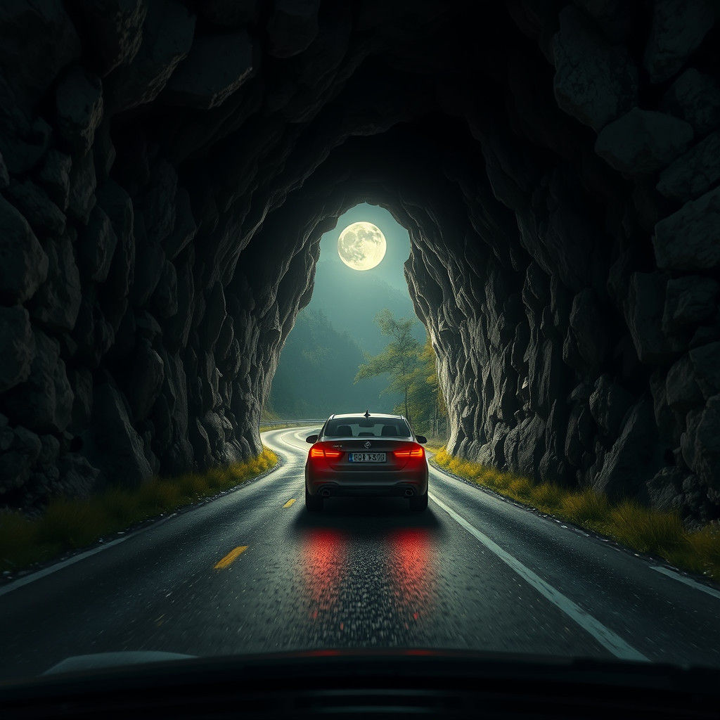 Car Navigates Moonlit Tunnel: A Surreal Journey