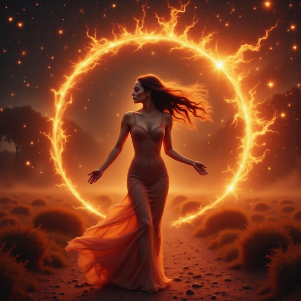 Fiery sun, she's a blaze
Lighting up this dark maze
Feel that rhythm take flight
Dance through the endless night
All around us, we ignite
Em...