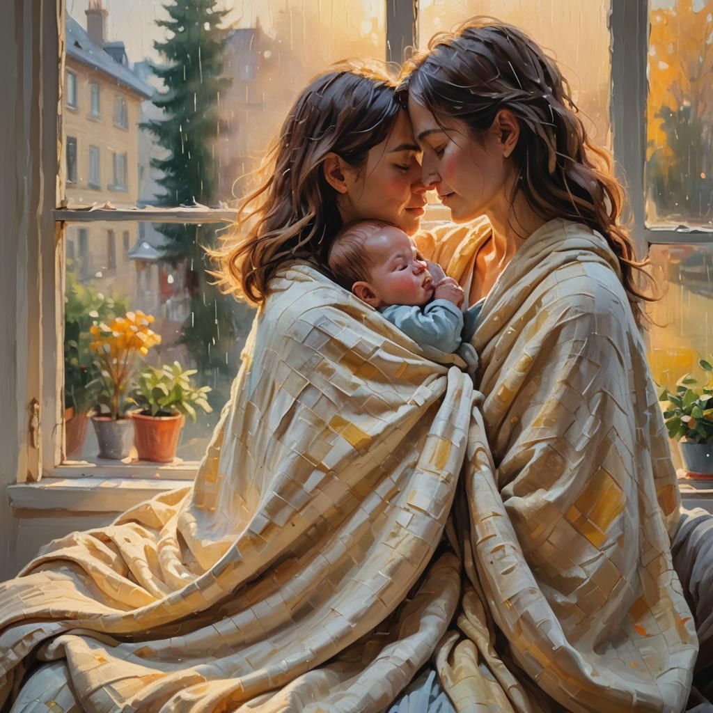 Mother and Baby Embrace in Impressionist Style
