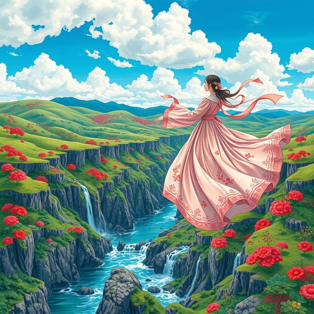 Ethereal Tapestry Landscape with Dreamlike Figures