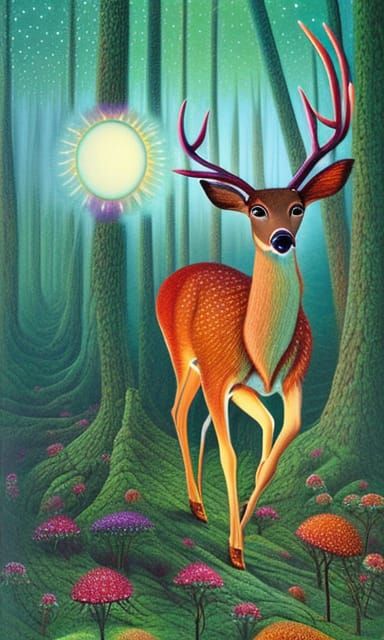 woman-deer hybrid on stargazing platform with rotating spher...