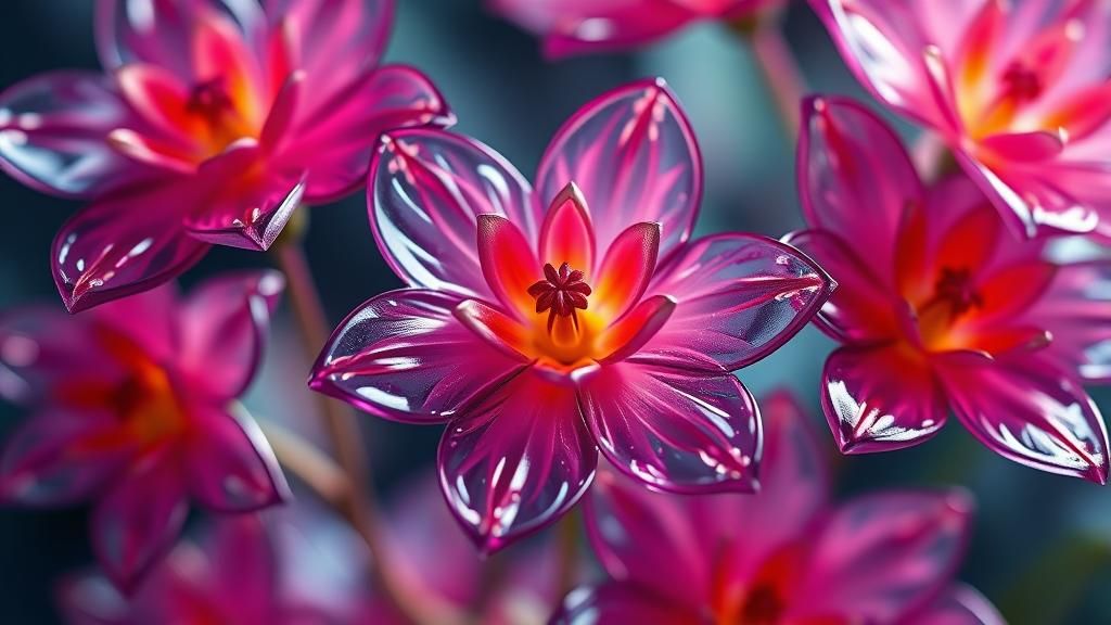 A series of delicate glass flowers, their petals painted with vibrant enamels, capturing the beauty ...  by @Eclectic shambles