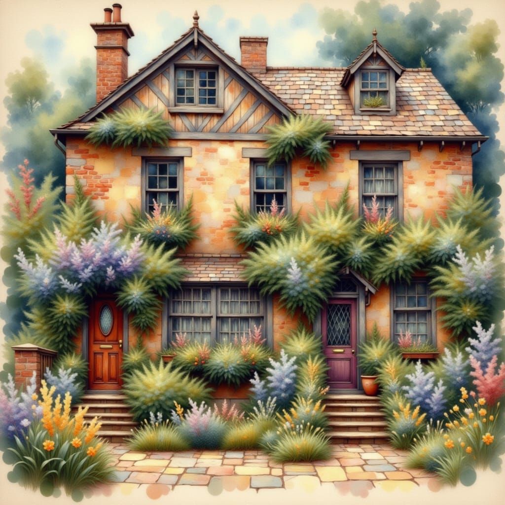 <lora:Ethereal Impressions:1.0> old row homes in urban decay, subtle vines and overgrowth tiny delicate flowers ethereal painterly watercol...