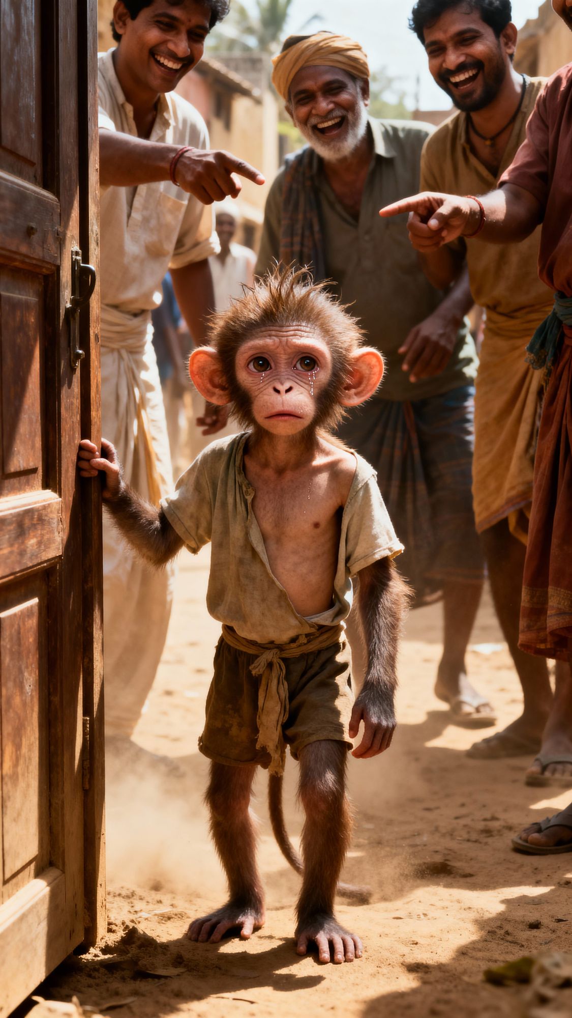 A 5-year-old hybrid child, half human half monkey. Small thin child body, big expressive eyes, human-like nose and lips, big monkey-like ear...