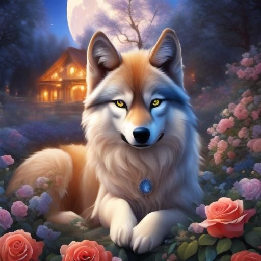 Breathtaking timberwolf in a rose garden under the full moon <lora:Moonlight Garden:1.0> enhanced CGI render