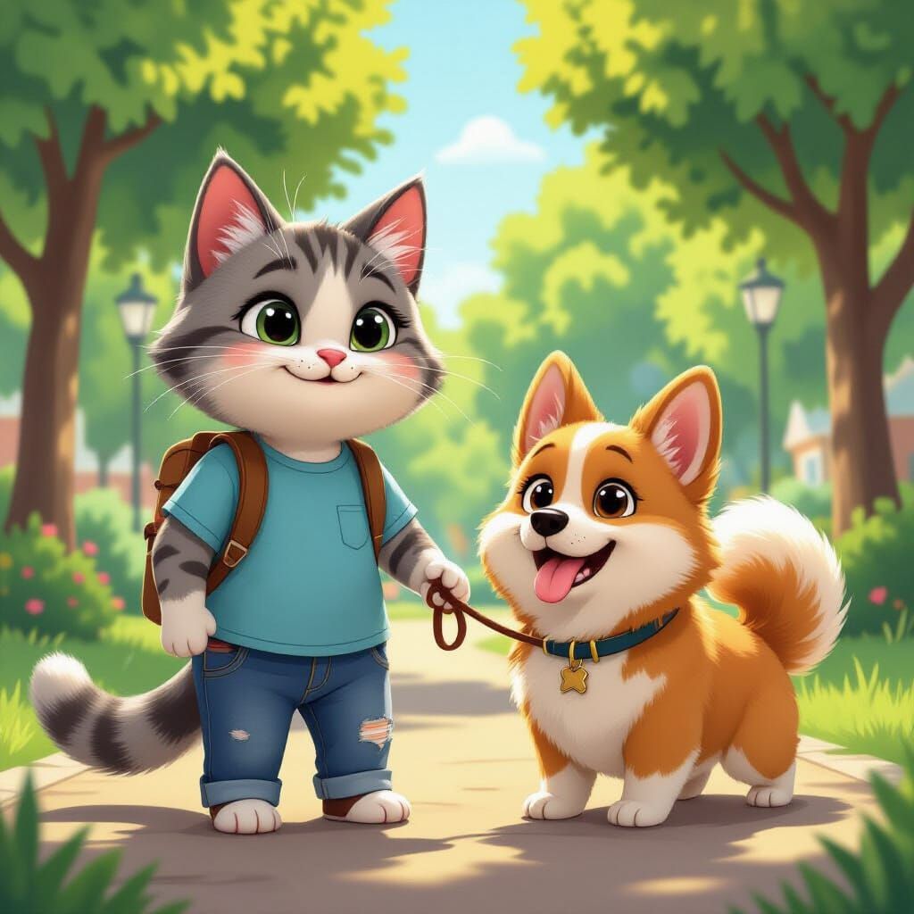 Cartoon Cat Walks Dog in Sunny Park
